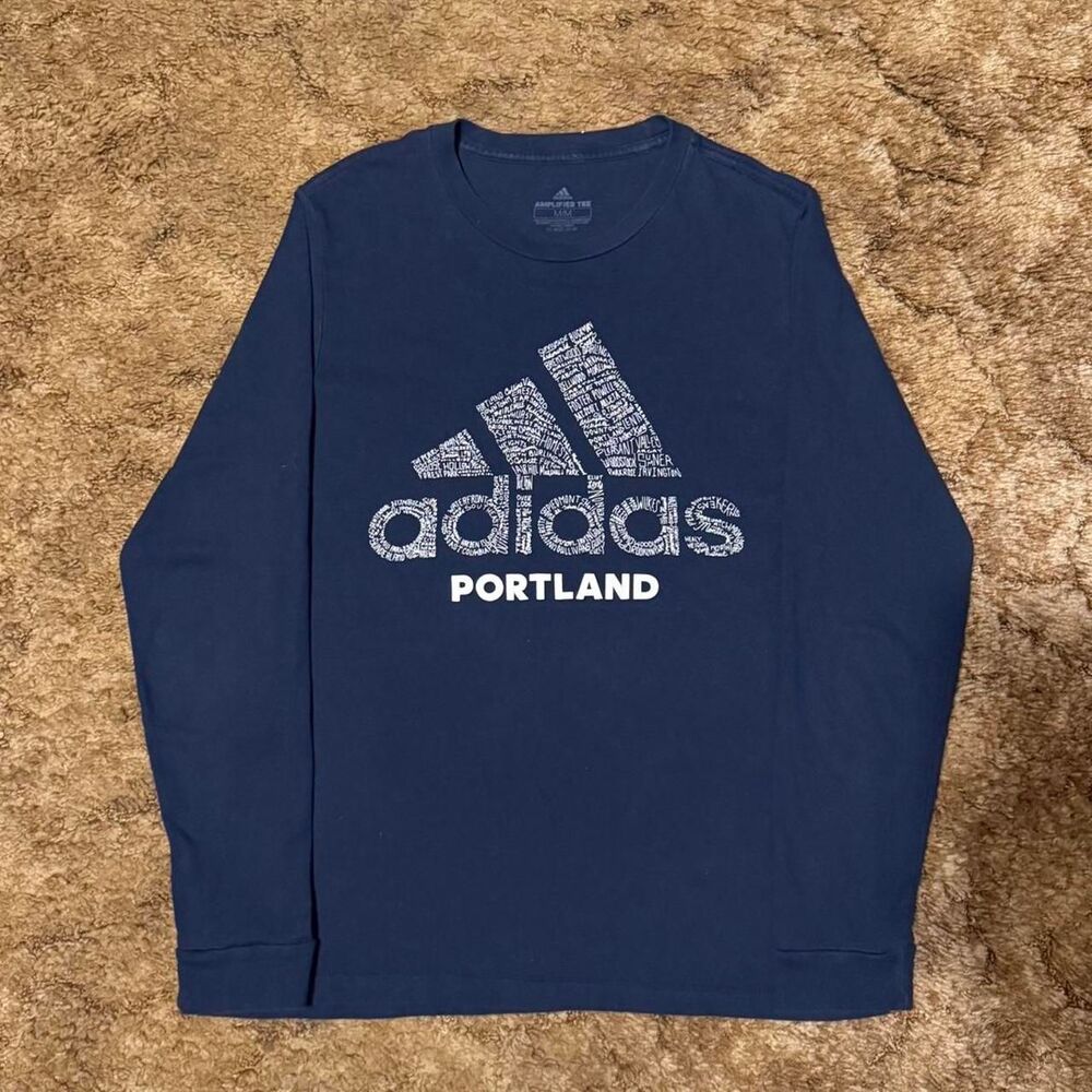 Adidas Portland City Typography Logo Long Sleeve Tee Navy Blue Medium